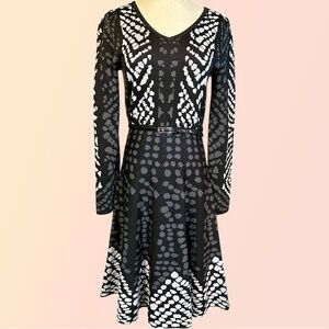 Black Label by Saks Fifth Avenue Black & Gray Abstract Dot Print Belted Dress S